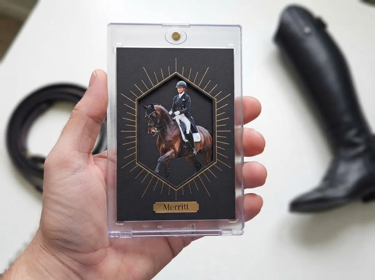 Custom horse-riding trading card with gold foil burst design in magnetic display case.