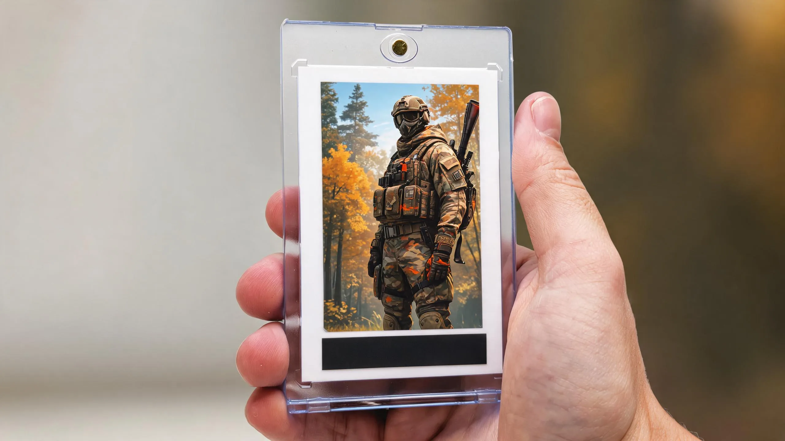 Hand holding magnetic case with custom hunter trading card, a thoughtful gift for hunters.
