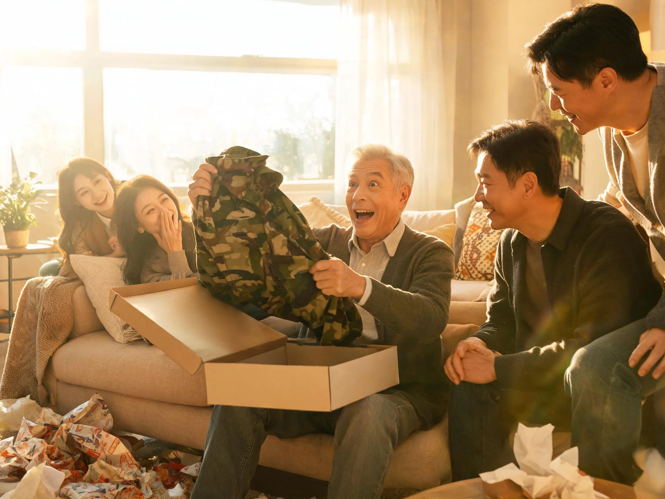 Father joyfully unwraps a hunting gift from family in a warm sunlit living room.