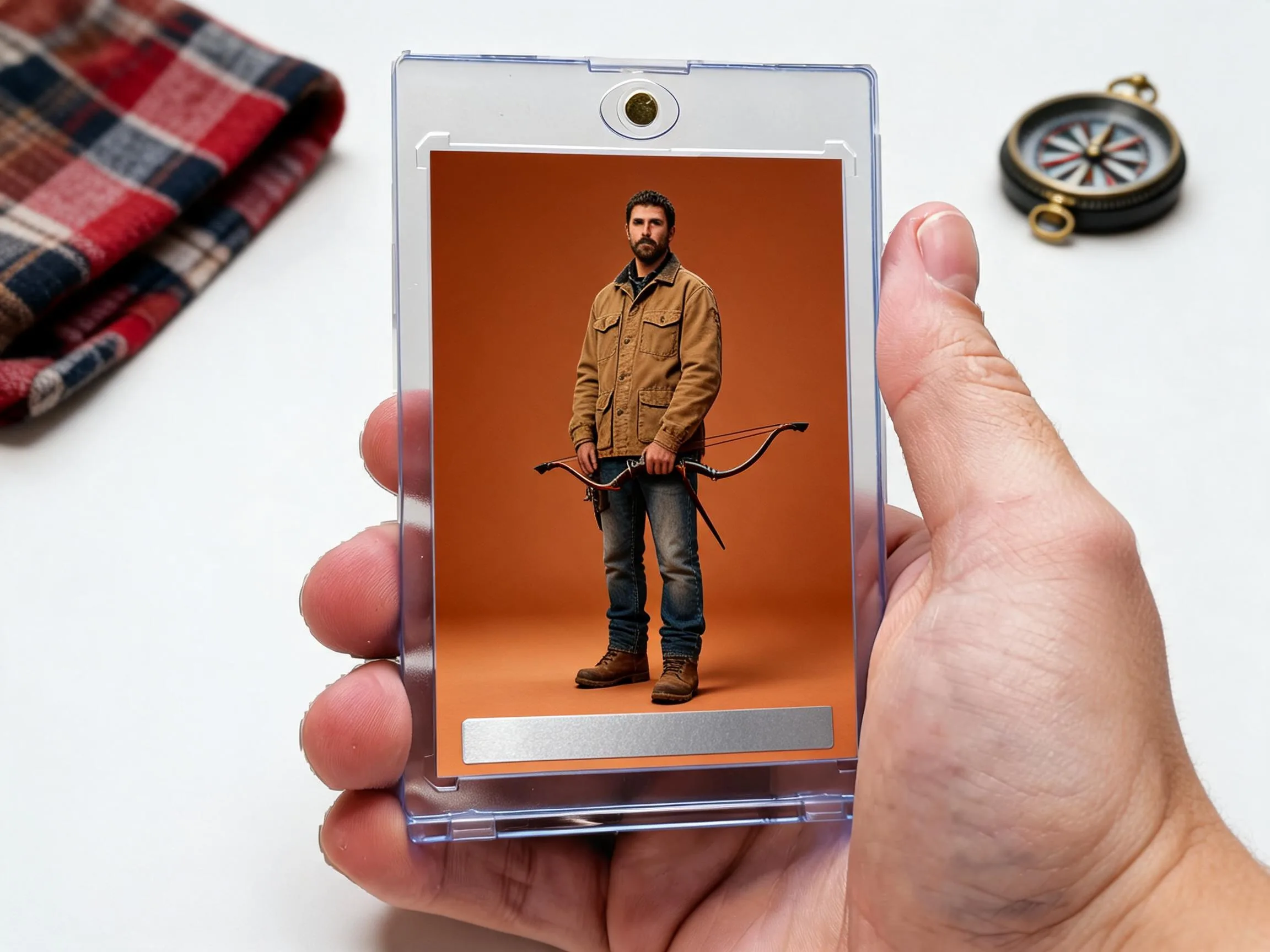 Custom keepsake hunter trading card displayed upright in a clear magnetic case.