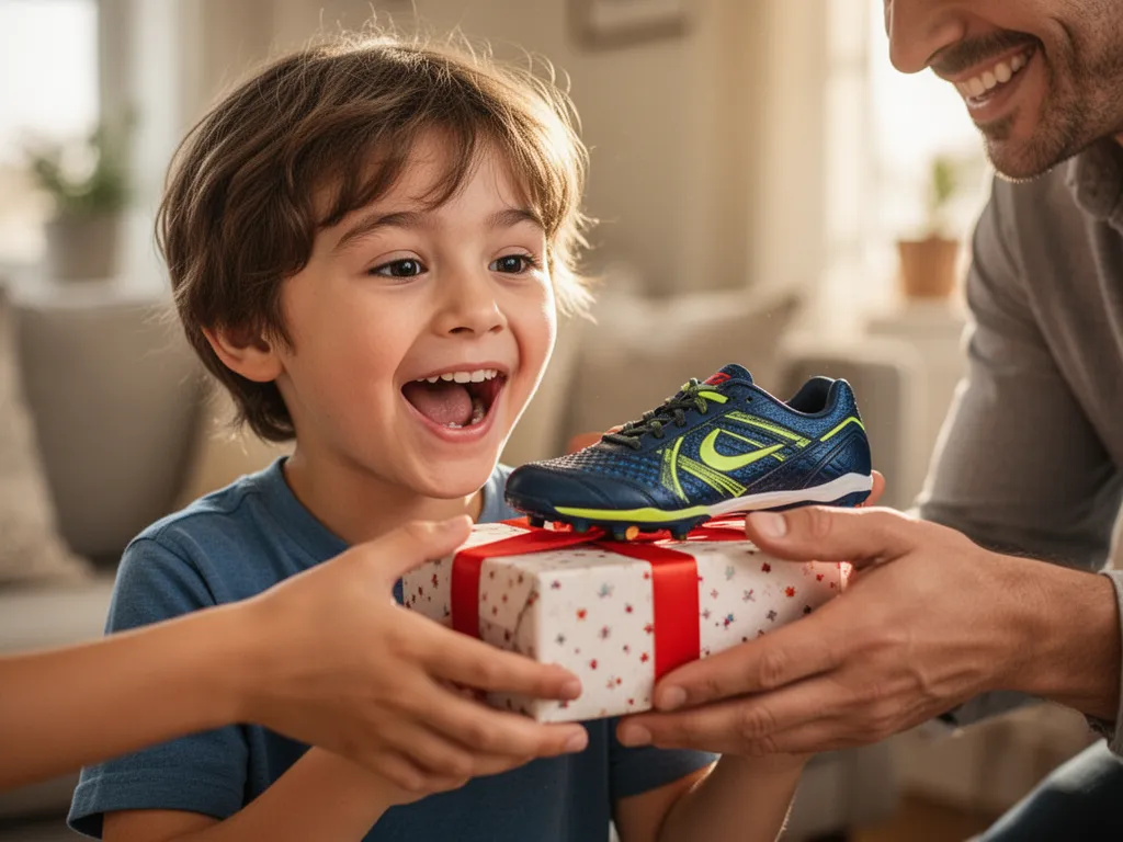Young child's delighted expression unwrapping a sports gift from parent indoors