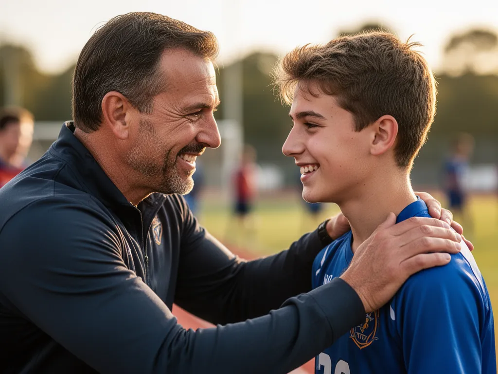 Coach and young athlete sharing a meaningful mentoring moment with genuine smiles and connection outdoors.