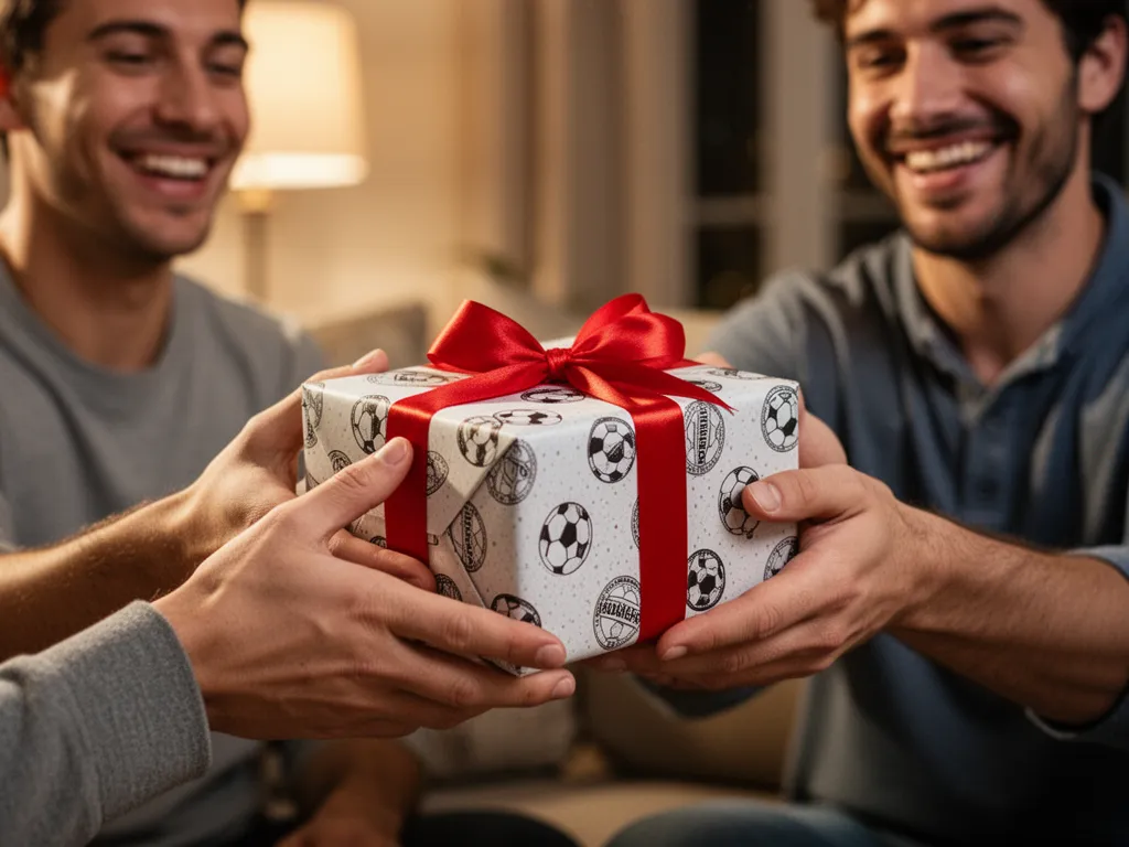 Two people exchanging a wrapped gift box with genuine smiles during celebration moment
