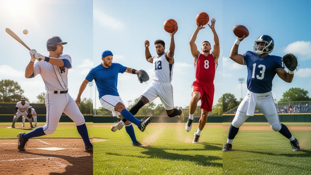 Multiple male athletes in action across different sports under natural daylight conditions