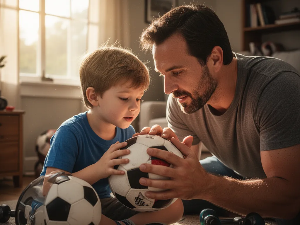 Father and son bonding while looking at sports gear together indoors with natural lighting