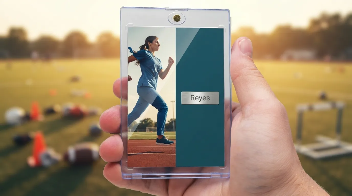 Hand holding magnetic case with nurse-themed sports trading card, ideal gifts for nurses.