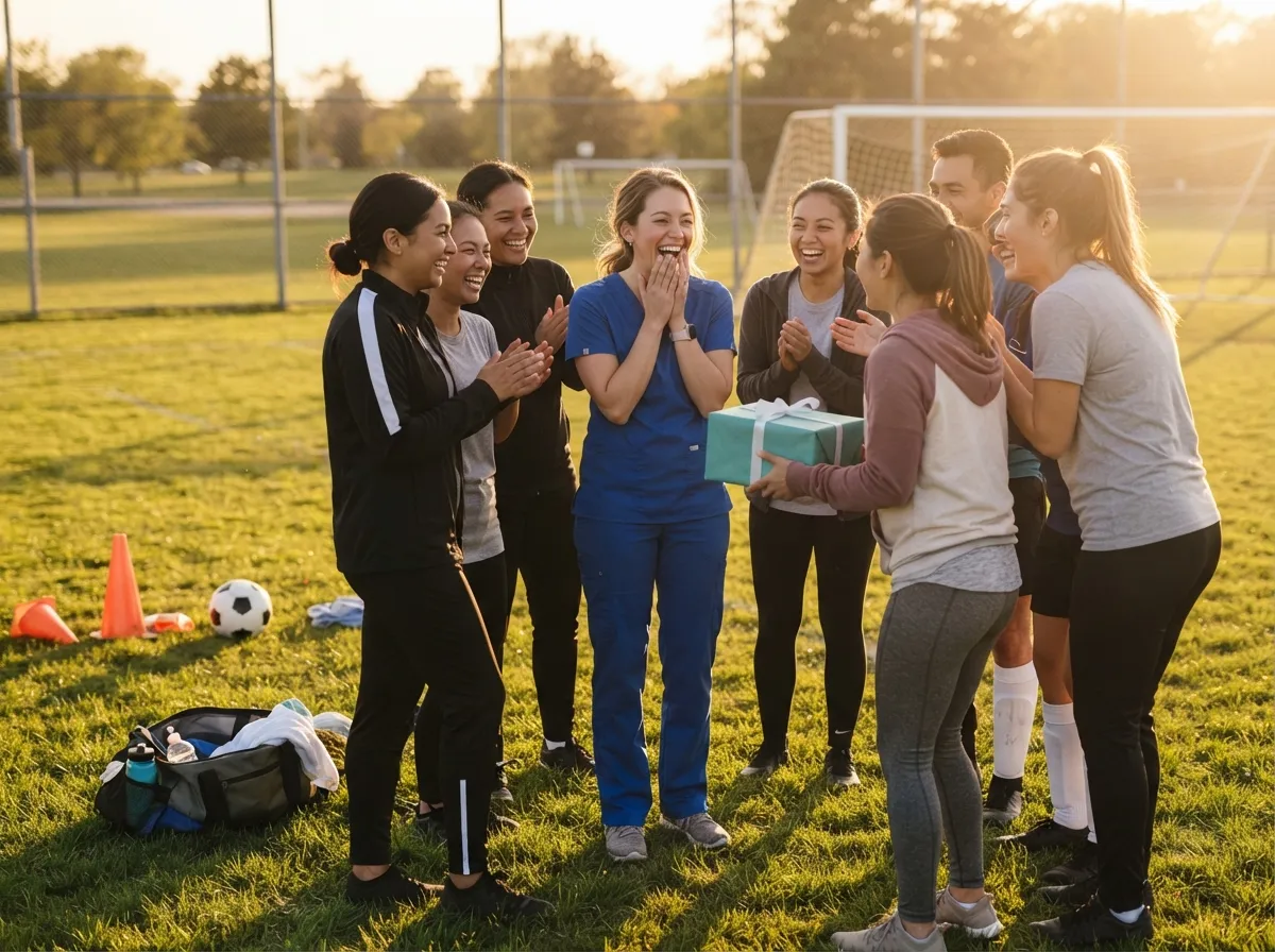 Nurse athlete joyfully surprised by friends gifting her on a golden-hour sports field.