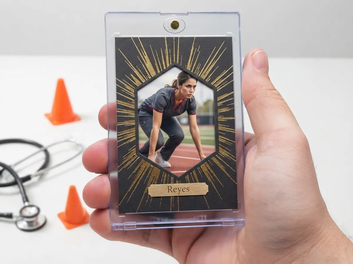 Custom sports trading card in magnetic case with gold foil nurse design, close-up.