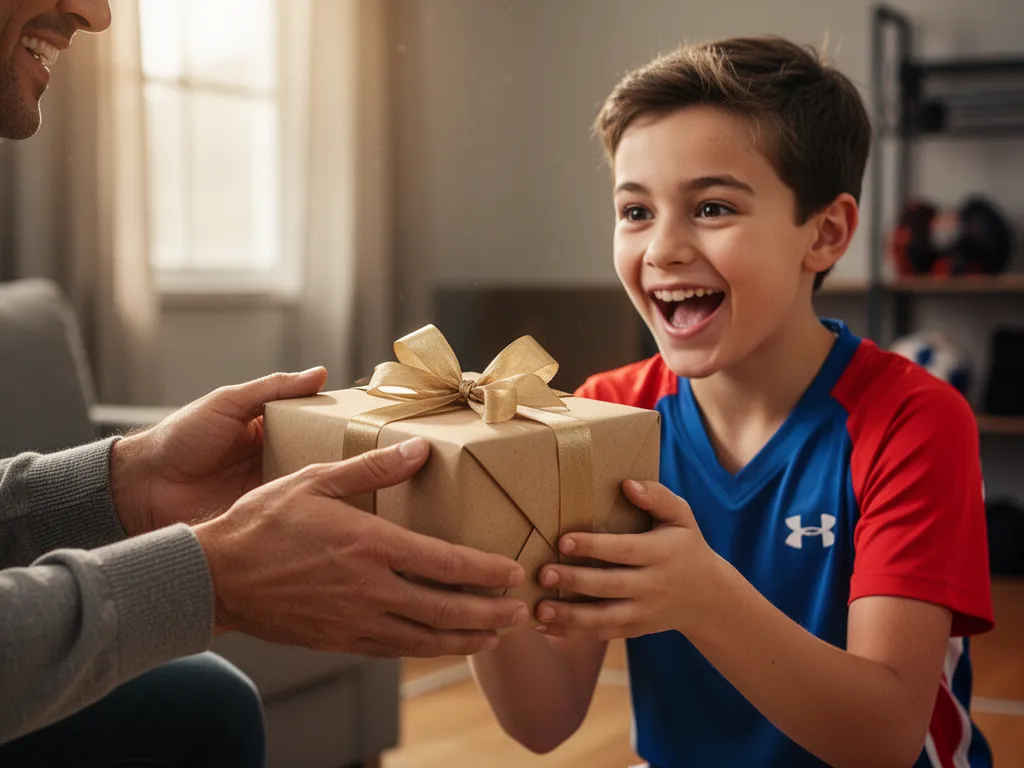 Parent handing wrapped gift to delighted young athlete showing joyful celebration and gratitude