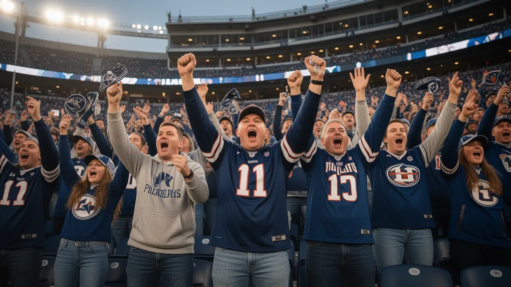 Excited Philadelphia sports fans celebrating in stadium stands with raised arms and joyful expressions