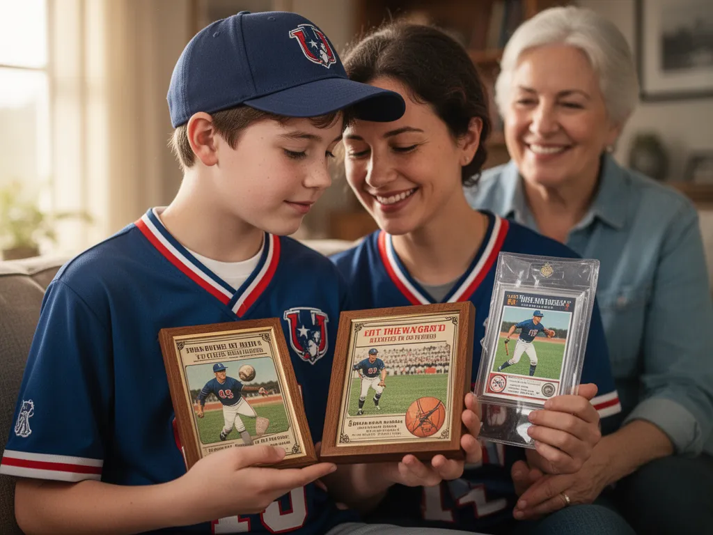 Child proudly displaying sports collectibles and merchandise with family member in warm indoor setting