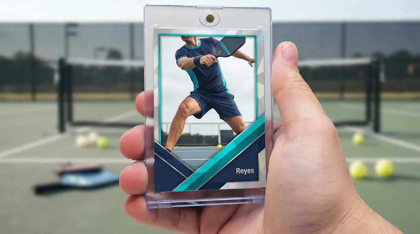 Hand holding magnetic case with premium pickleball trading card, ideal gifts for pickleball players.