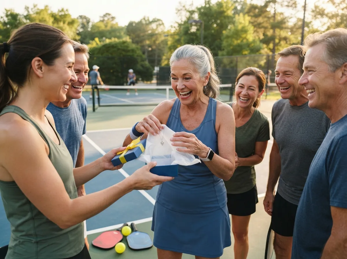 Pickleball players sharing a joyful surprise gift-giving moment together on a sunny court.