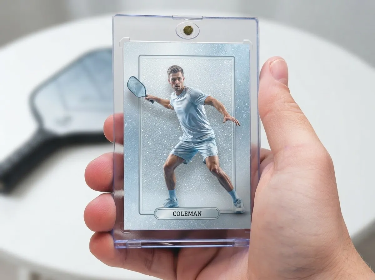 Custom pickleball trading card in clear magnetic case, silver-blue refractor design, close-up product shot.