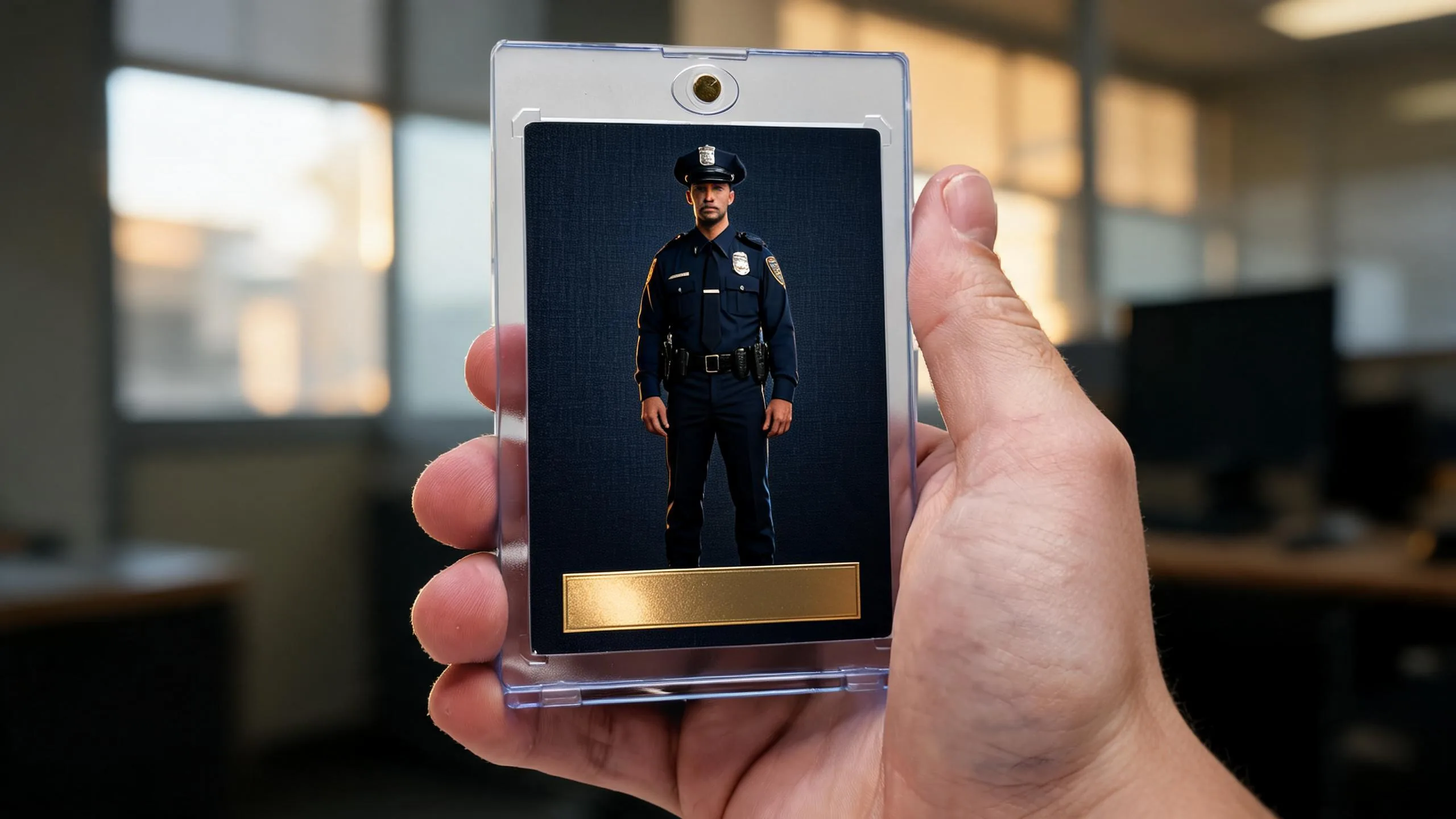 Hand holding magnetic acrylic case with custom police officer card, a thoughtful gift for police officers.