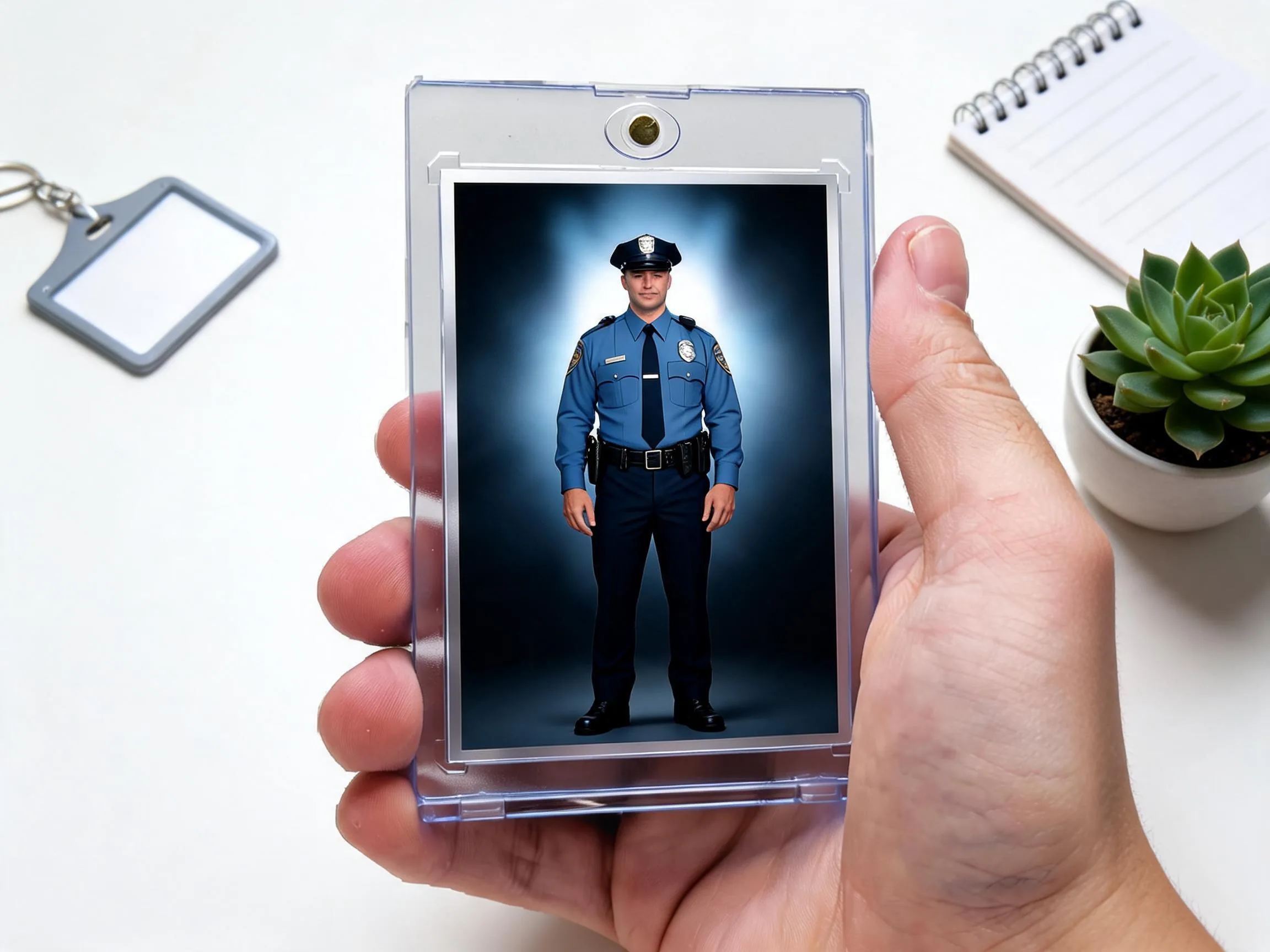 Custom police officer tribute trading card displayed upright in a clear magnetic case.