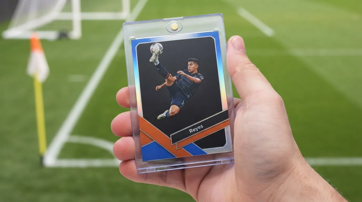 Hand holding magnetic case with soccer trading card, a modern gift for soccer players.