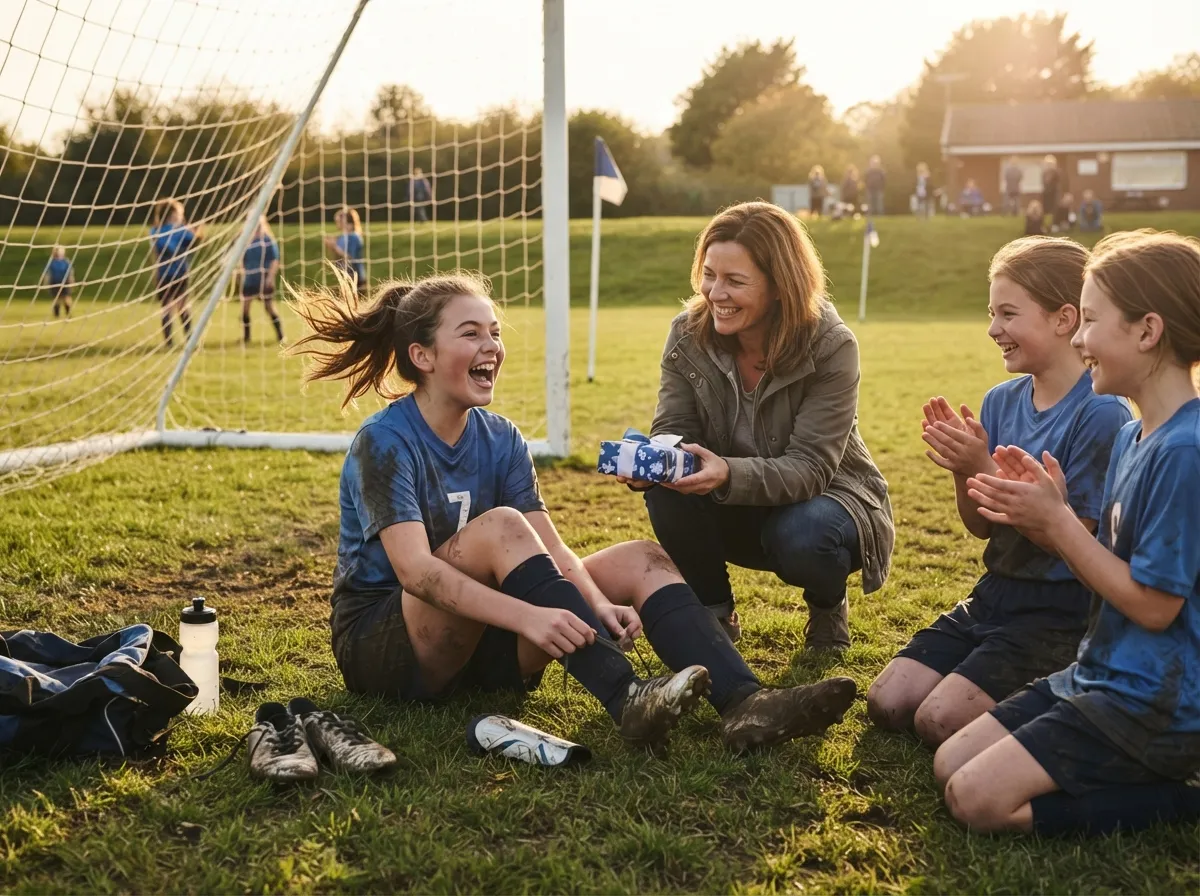 Young soccer player smiling in surprise while receiving a gift near the goal net.