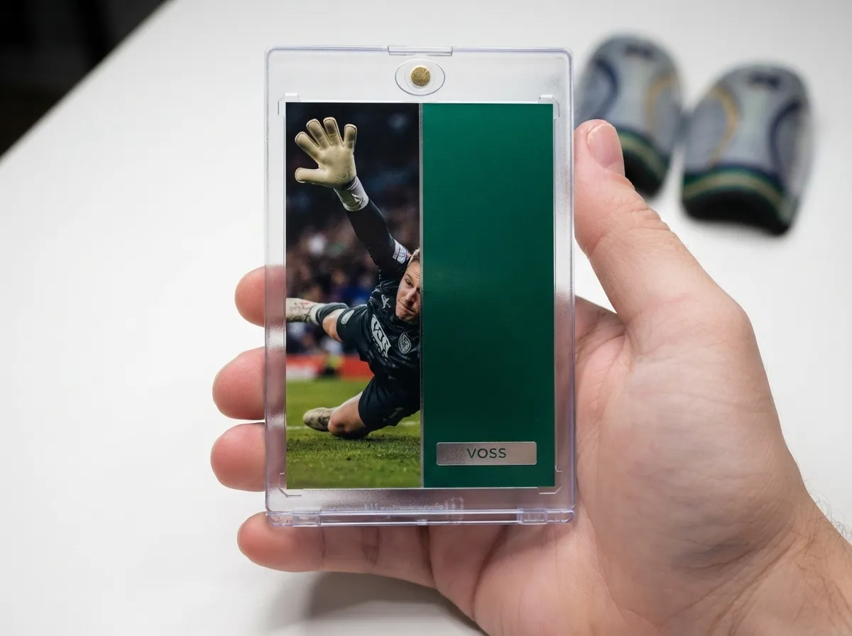 Custom soccer trading card in a clear magnetic case, split-panel design with foil nameplate.