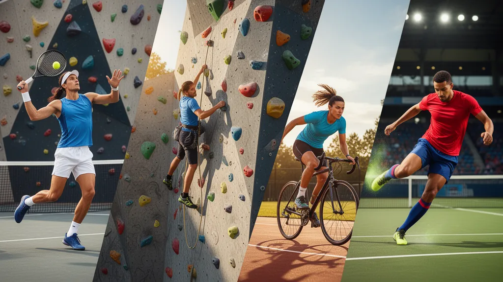 Multiple athletes competing in different sports simultaneously outdoors with dynamic motion and natural lighting