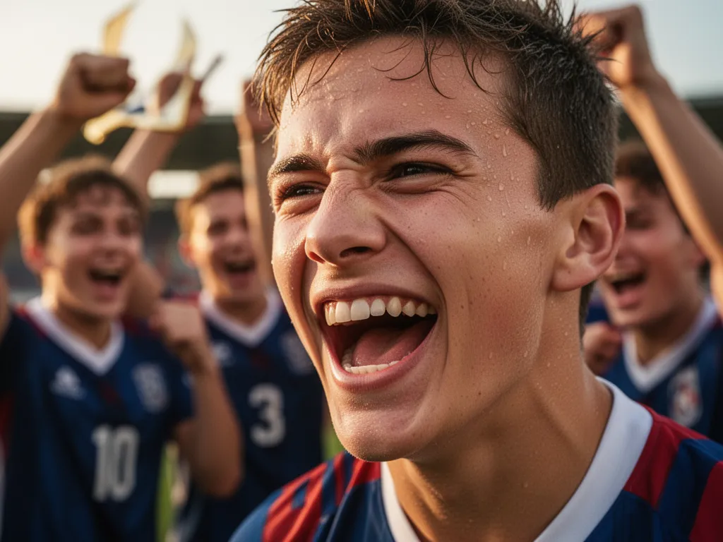 Young athlete's face beaming with joy and pride after athletic achievement with celebrating teammates blurred behind.