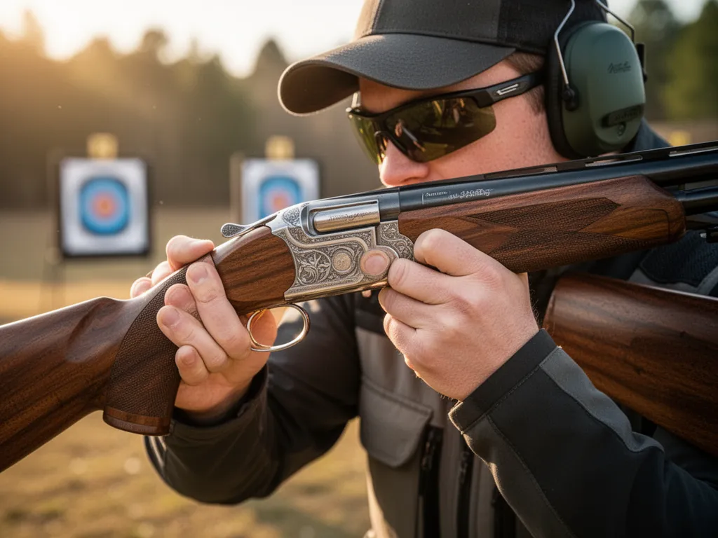 Detailed close-up of shooter's hands and premium shotgun equipment during practice