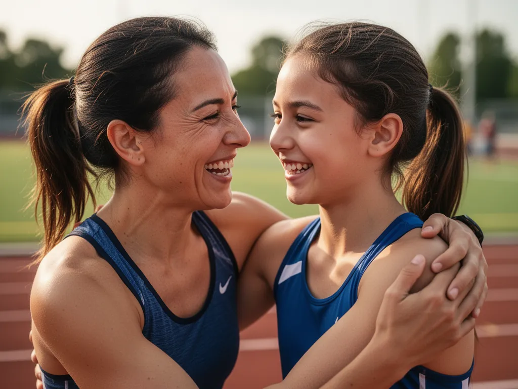 Parent and young athlete embracing in celebration after a successful sporting event outdoors