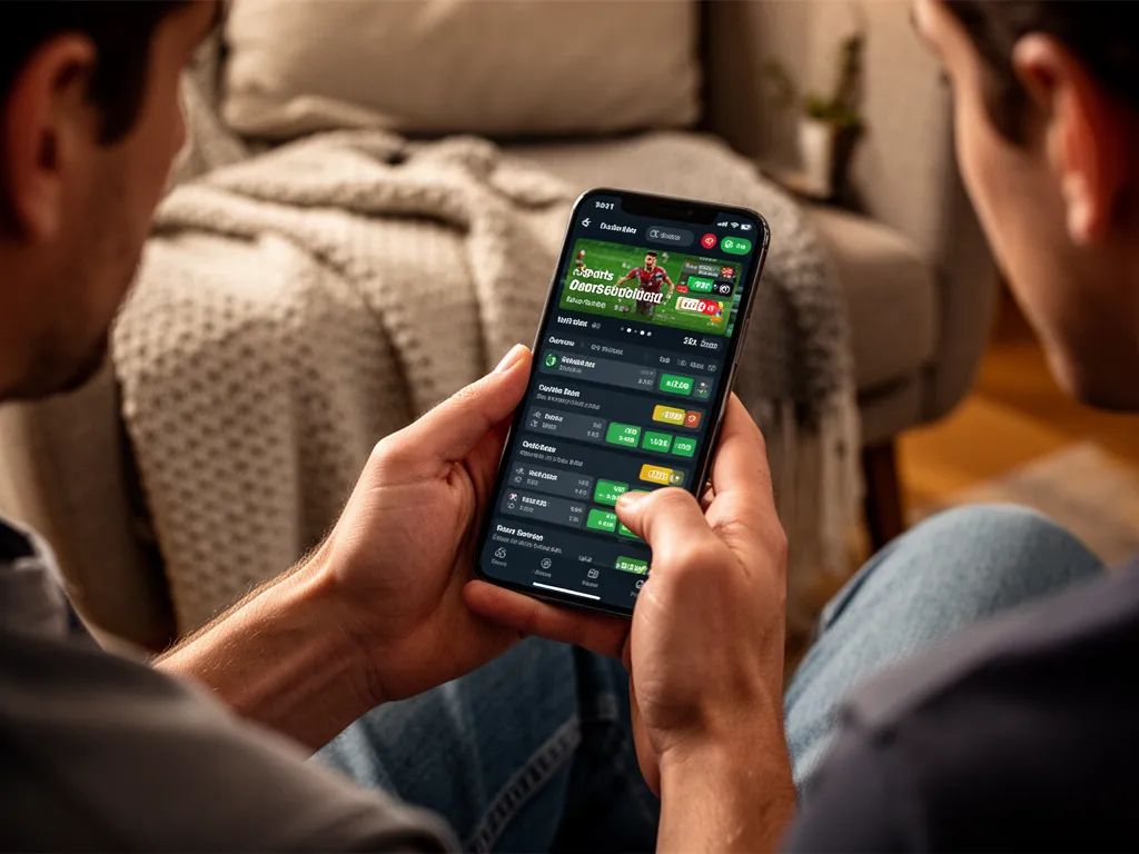 [Close-up of hands holding smartphone displaying sports betting app in comfortable home setting]