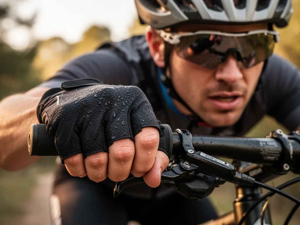 Close-up of rider's gloved hand on handlebar with determined expression reflected in helmet visor.