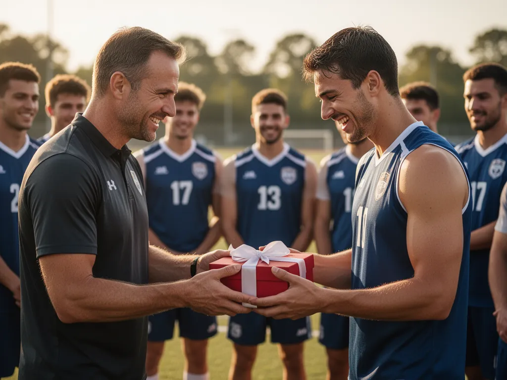 Coach handing gift to smiling athlete with teammates watching in appreciation moment
