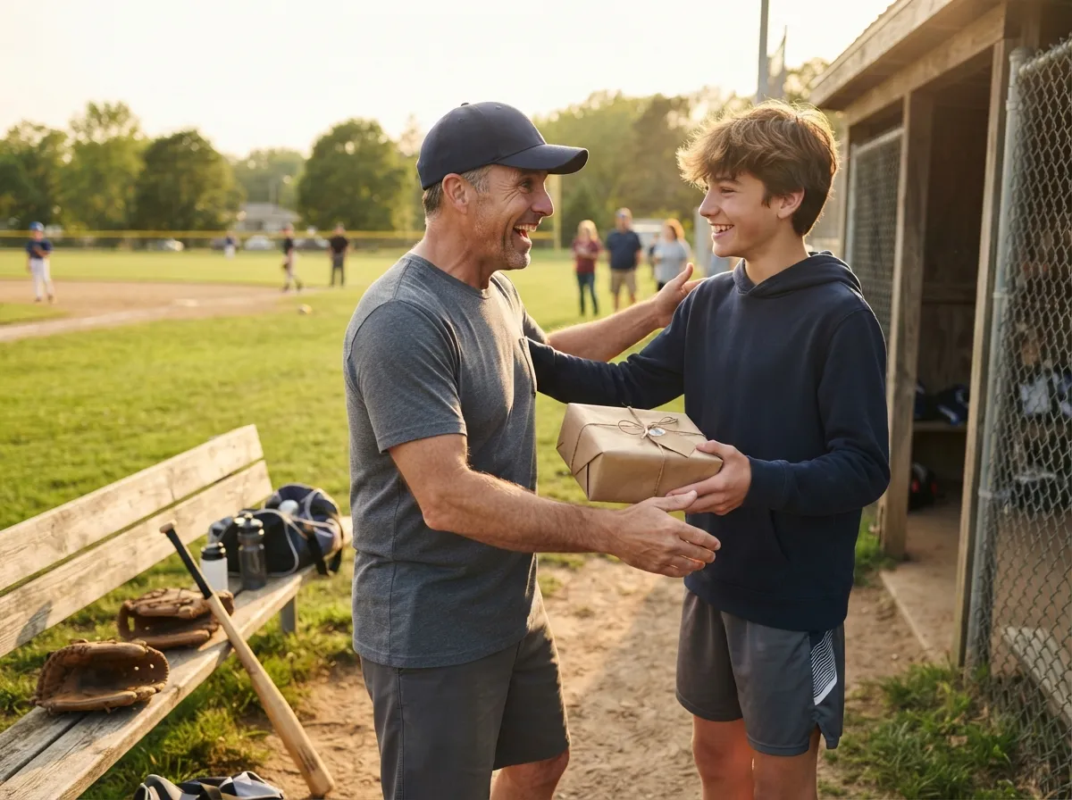 Father surprised and smiling while receiving a gift from his son on a sports field.