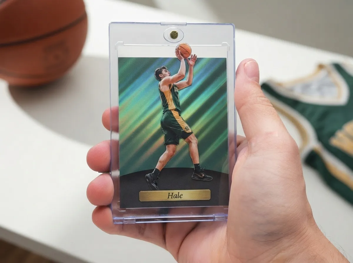Custom sports trading card in magnetic case featuring basketball player, displayed on white tabletop.
