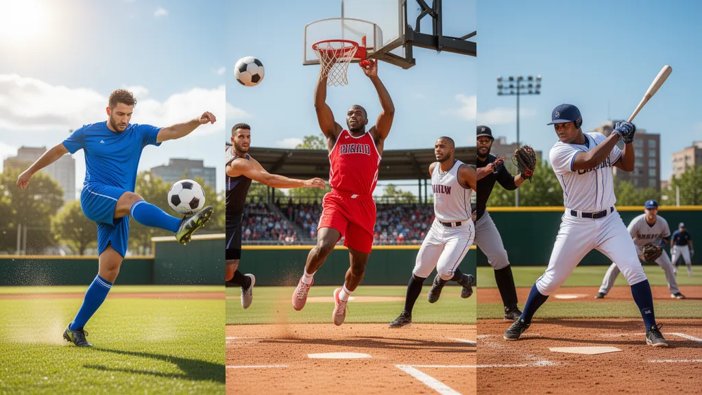 Multiple athletes in action across different sports under bright outdoor lighting with dynamic energy