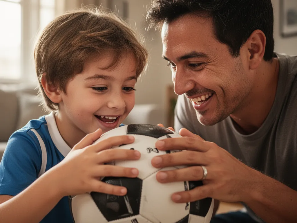 Parent and child bonding while examining sports equipment together with warm genuine smiles