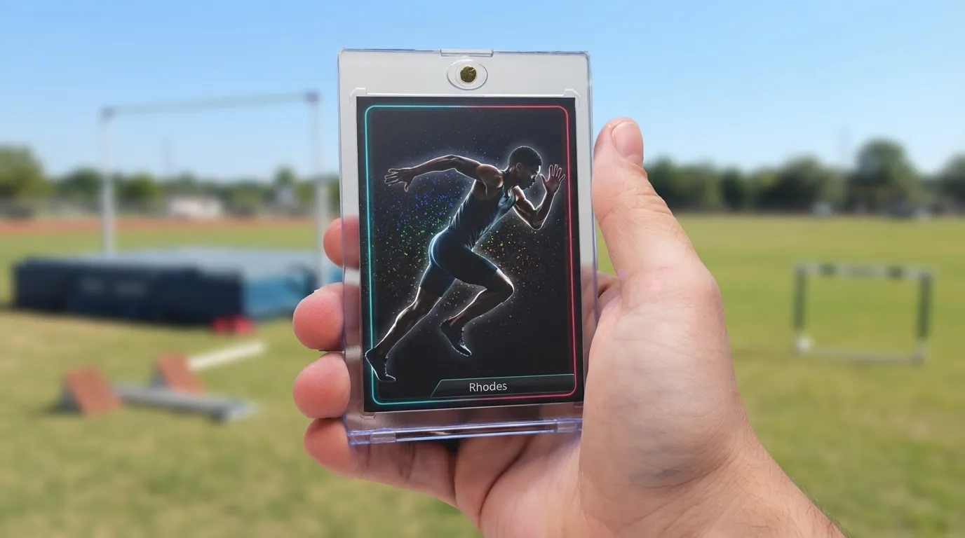 Hand holds magnetic case with a premium after-dark sprinter card, a great gift for sports fanatics.