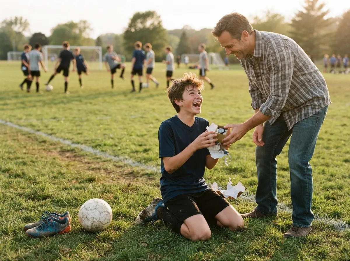 Father surprises teenage athlete with a gift on a sunny soccer field before practice.