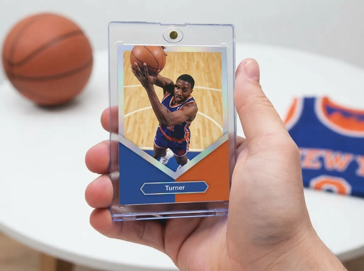 Custom sports trading card in magnetic case showing a chrome diagonal-framed basketball design.