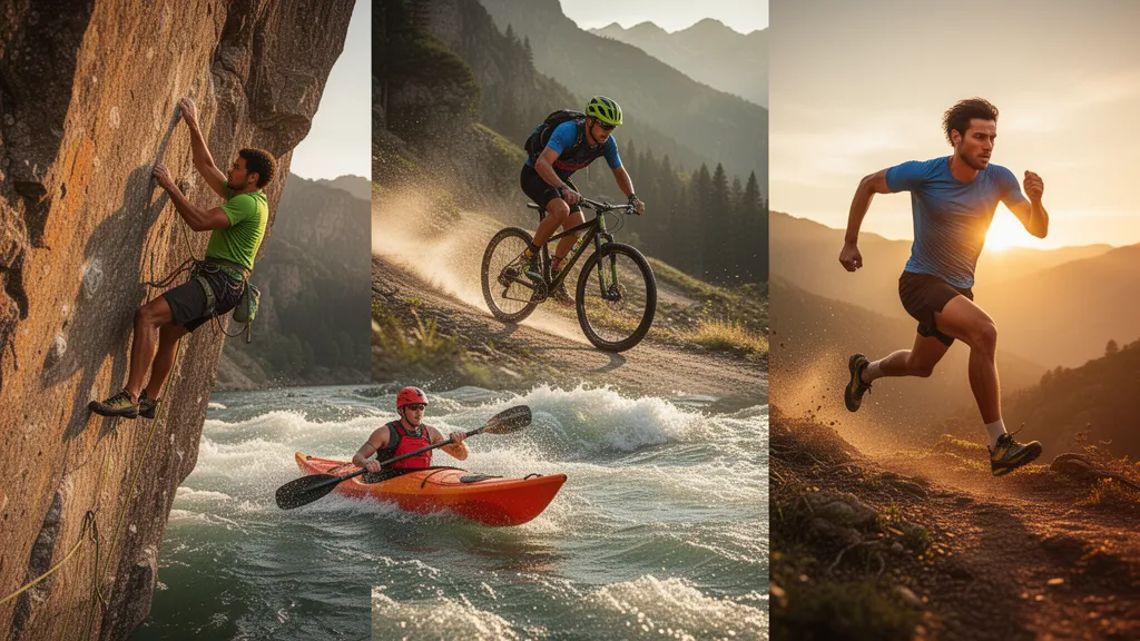 Multiple athletes competing in different sports including climbing, cycling, kayaking, and trail running in outdoor natural light