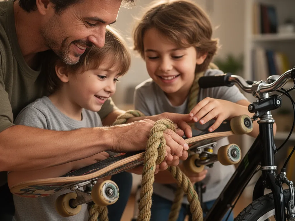 Parent and young child bonding while inspecting new sports gear together indoors with warm lighting