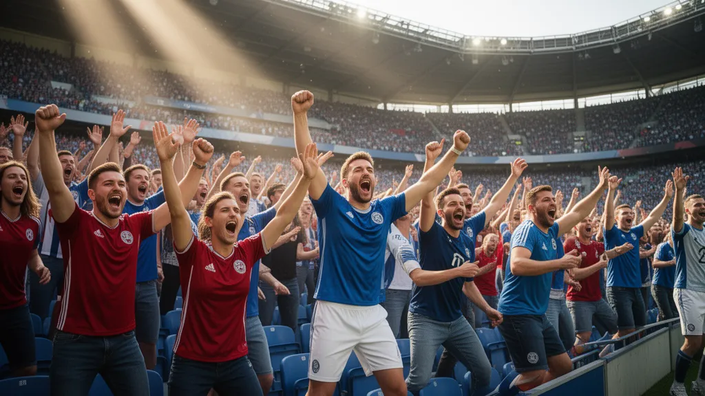 Crowd of excited sports fans cheering and celebrating during a live sporting event in stadium