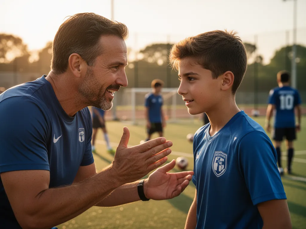 Coach providing guidance and encouragement to young athlete during sports training session.