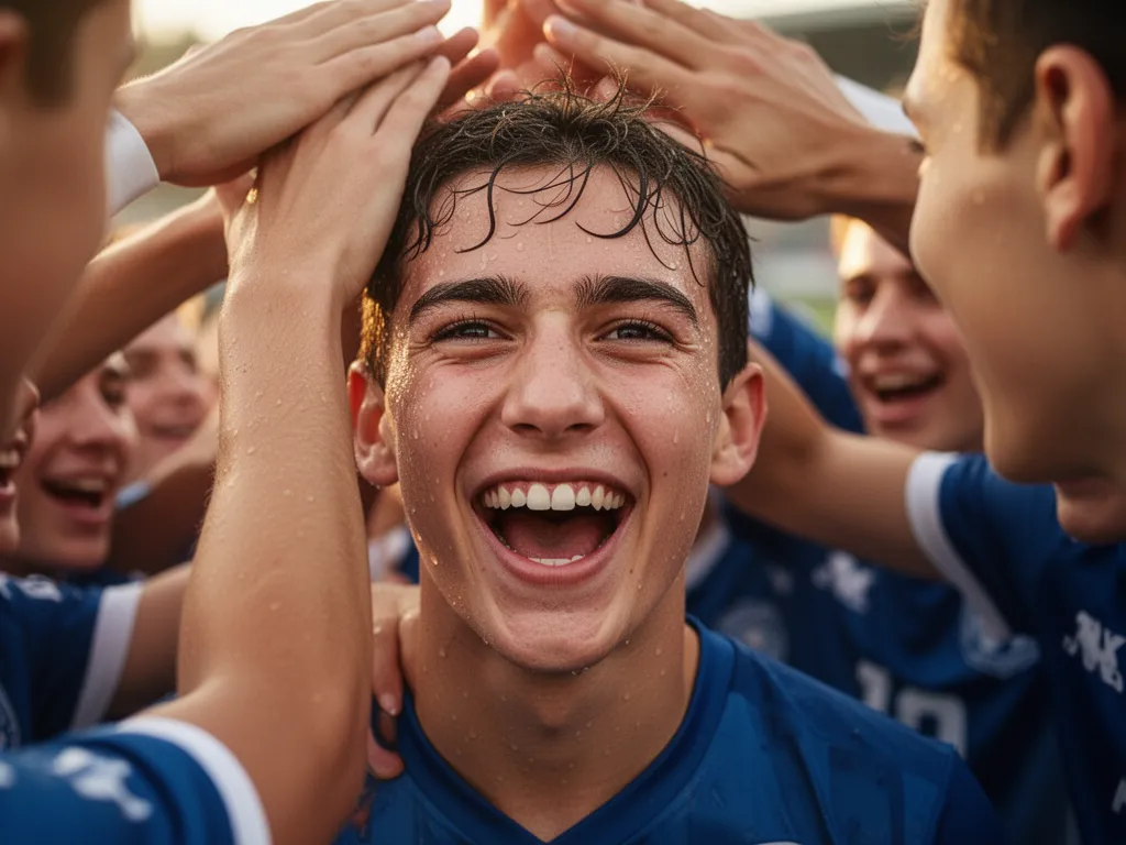 Young athlete's joyful face glowing with pride while teammates celebrate together in blurred background during match.
