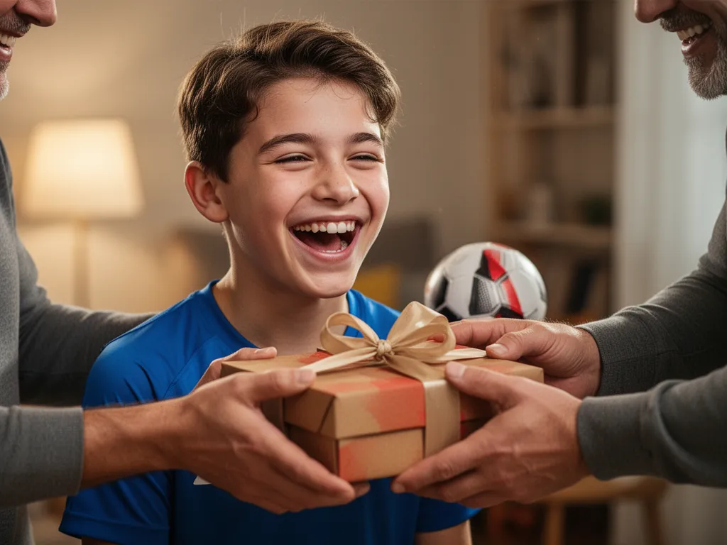 [Child athlete smiling brightly while unwrapping sports gift from parent]