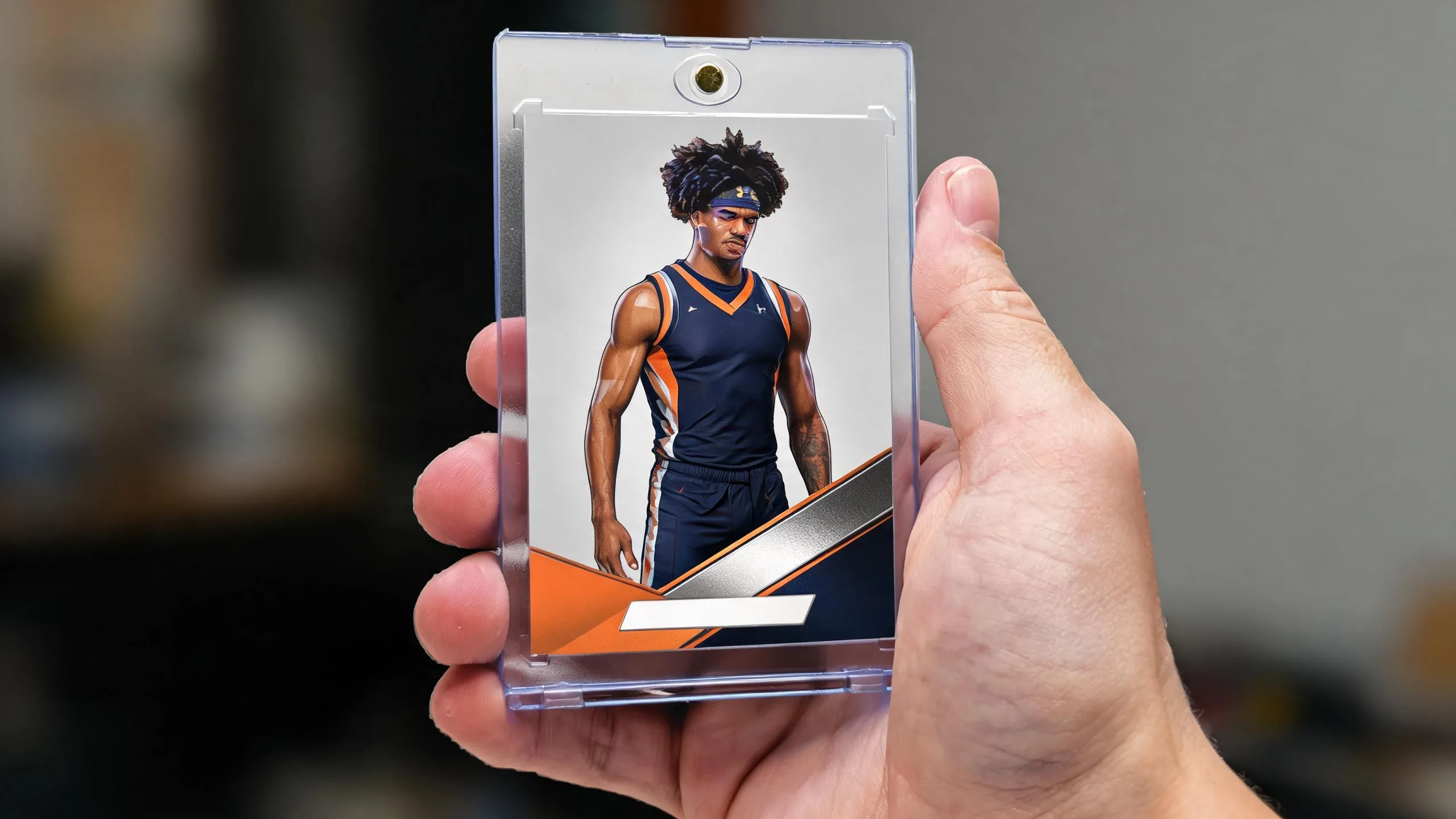 Hand holding a magnetic trading card case, a bold gifts for sports loving boy keepsake design.