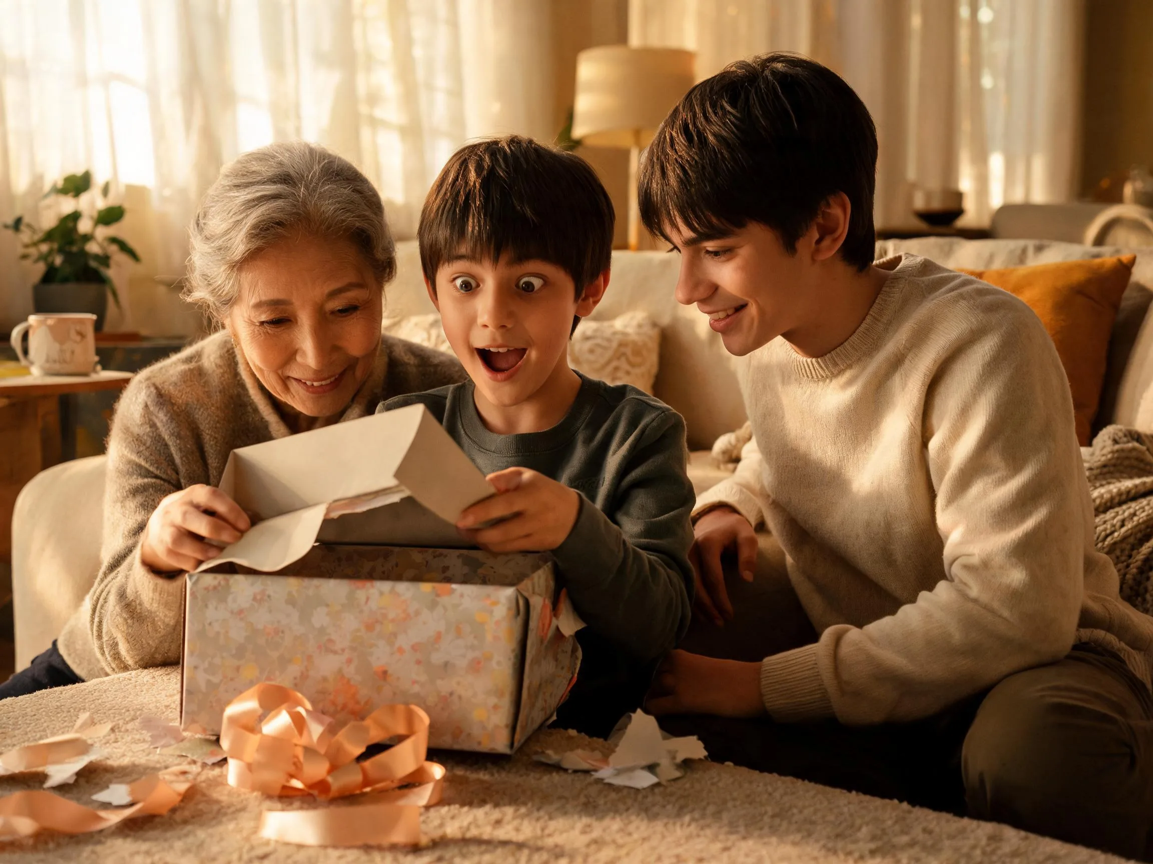 Family watching a boy's joyful surprise while unwrapping a gift in warm light.