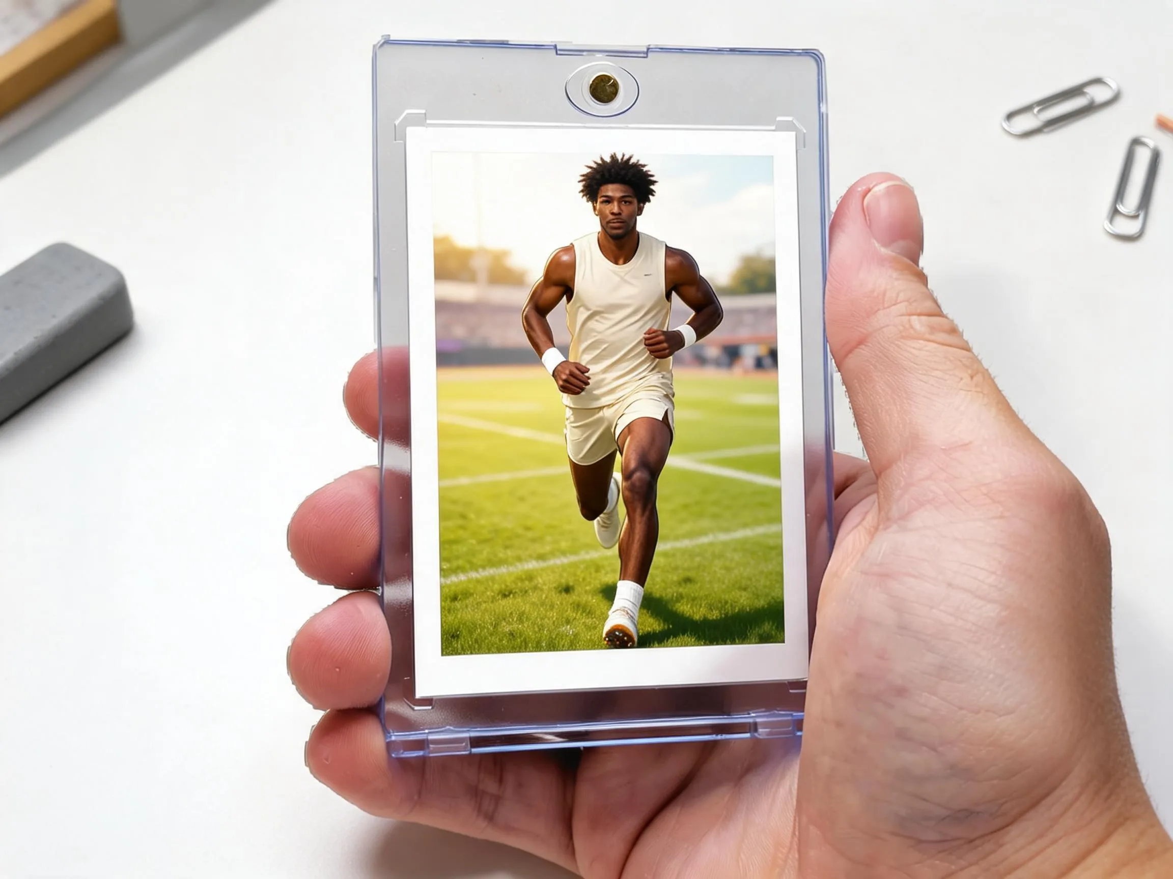 Custom keepsake trading card in a magnetic case, outdoor sunlit sports design, held in hand.