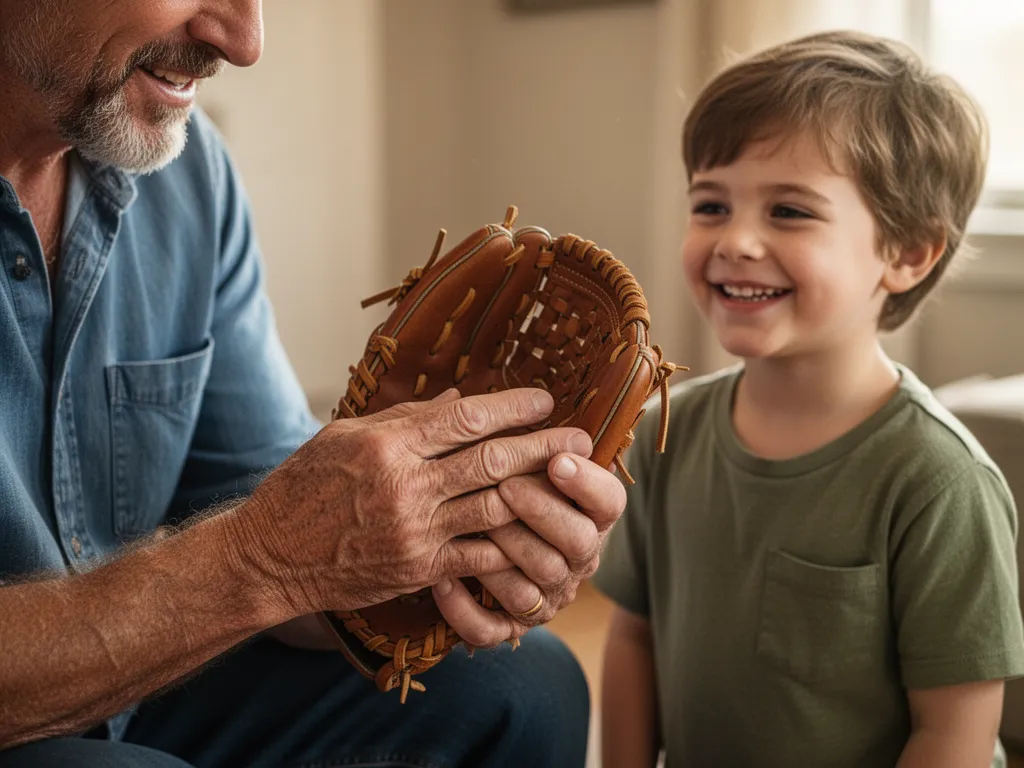 Father admiring baseball glove with young child watching beside him indoors