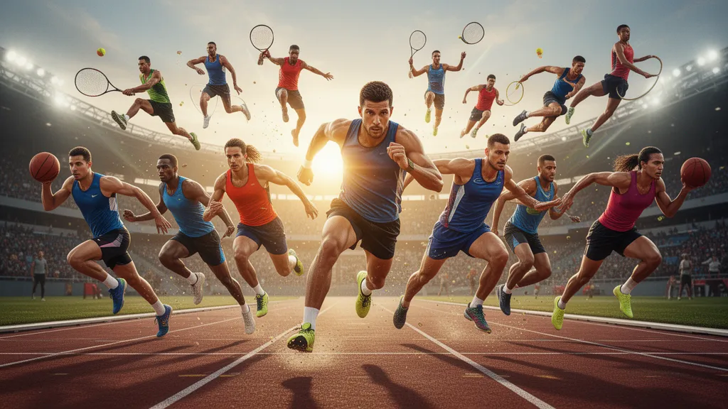 [Multiple athletes in action across different sports with natural outdoor lighting and dynamic energy]