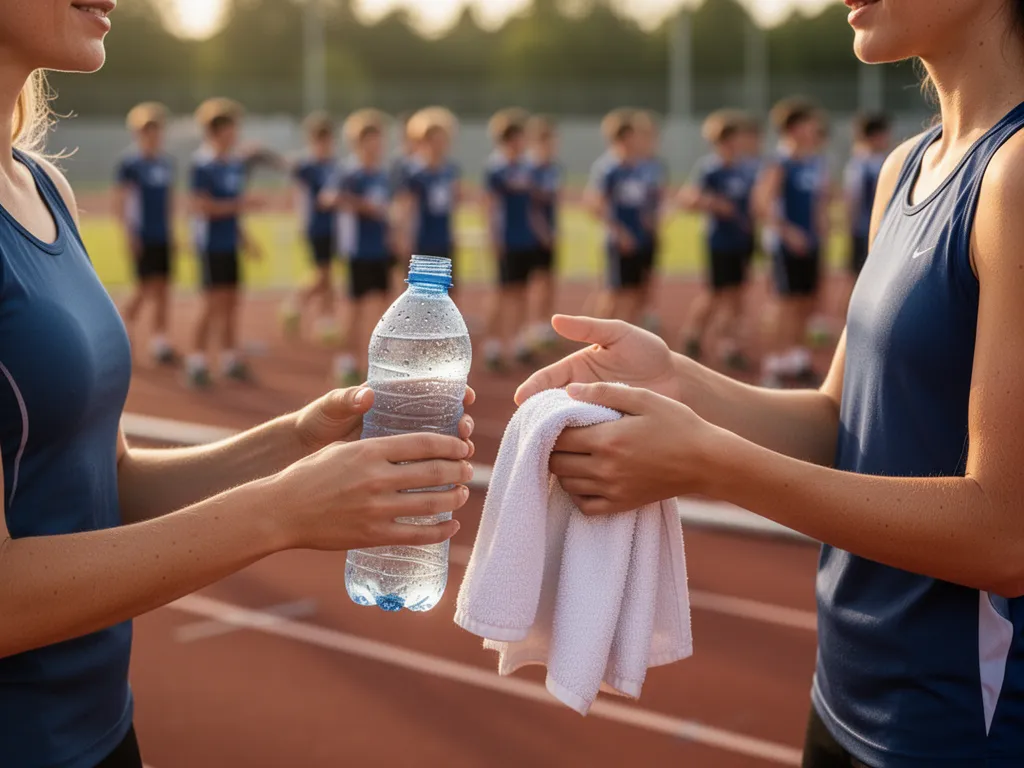 Mother's hands offering water bottle and towel to athlete after sports competition