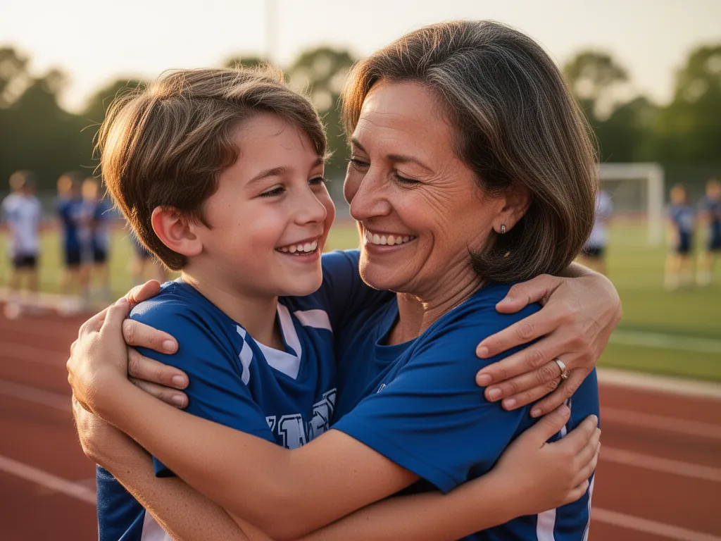 Parent and child athlete hugging warmly on the sideline with genuine smiles and pride visible